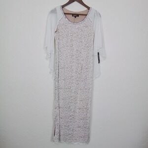 Glamour Nights White Size 6 Round Neck Lace Side Slit Midi Dress Flutter Sleeve